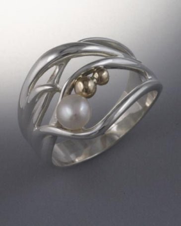 14k Gold and Sterling Silver Ring with 4mm Pearl (shown here with black pearl, see options to choose pearl color)